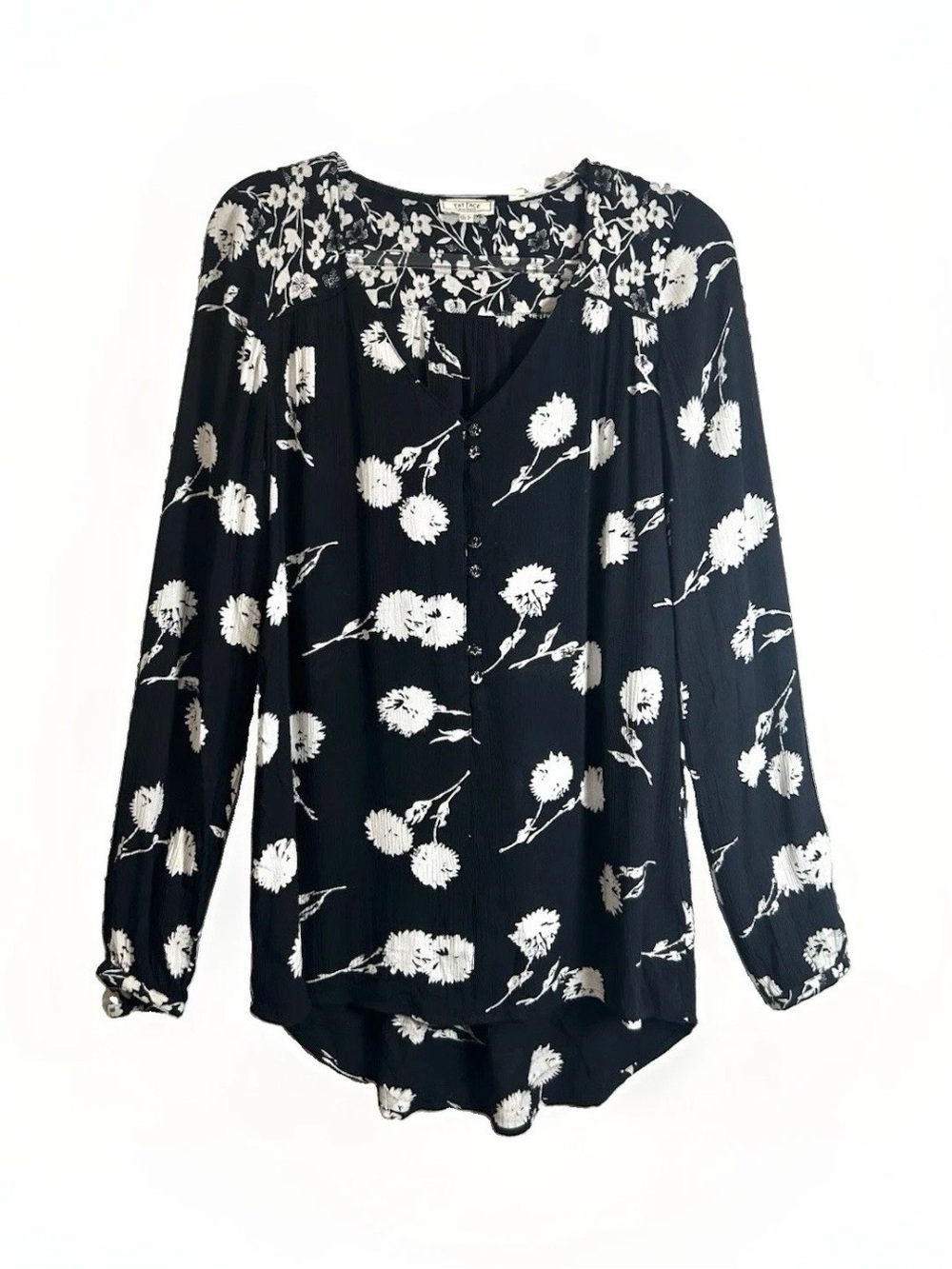 Fat Face Floral Tunic Top Women 2 Black White Print Popover Cottagecore Peasant